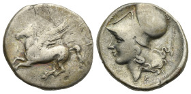 Akarnania, Argos Amphilochikon. Circa 340-300 BC. Stater (Silver, 23.21 mm, 8.58 g). Pegasus flying l. Rv. Helmeted head of Athena l., spear behind. C...