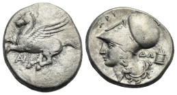 Akarnania, Anaktorion. Circa 350-300 BC. Stater (Silver, 22.57 mm, 8.45 g). Pegasus flying l. Rv. Helmeted head of Athena l., flaming altar behind. Ca...
