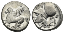 Akarnania, Anaktorion. Circa 350-300 BC. Stater (Silver, 21.15 mm, 8.47 g). Pegasus flying l. Rv. Helmeted head of Athena l., threshing flail behind. ...