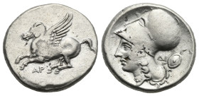 Akarnania, Argos Amphilochikon. Circa 330-280 BC. Stater. (Silver, 21.61 mm, 8.58 g.). Pegasus flying l. Rv. Helmeted head of Athena l., shield behind...