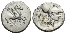 Akarnania, Leukas. Circa 320-280 BC. Stater (Silver, 22.57 mm, 8.49 g). Pegasus flying r. Rv. Helmeted head of Athena r., amphora behind surmounted by...
