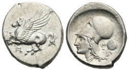 Akarnania, Metropolis. Circa 300-250 BC. Stater (Silver, 24.14 mm, 8.54 g). Pegasus flying l. Rv. Helmeted head of Athena l., Macedonian shield behind...