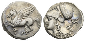 Corinthia, Corinth. Circa 375-300 BC. Stater (Silver, 22.10 mm, 8.56 g). Pegasus flying l. Rv. Helmeted head of Athena l. with olive branch on bowl, c...