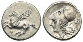 Corinthia, Corinth. Circa 350/45-285 BC. Stater (Silver, 21.32 mm, 8.58 g). Pegasus flying l. Rv. Helmeted head of Athena l., statue of Athena behind,...