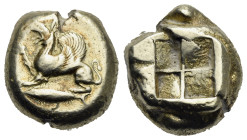 MYSIA, Kyzikos. Circa 550-450 BC. El Stater (Electrum, 19.31 mm, 16.13 g). Griffin seated left, raising right forepaw, on tunny left. Rv. Quadripartit...