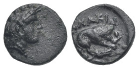 Mysia, Plakia. Uncertain Denomination, circa 4th century BC. (Bronze, 11.43 mm, 1.34 g). Turreted head of Cybele r. Rv. Lion devouring prey r., grain ...