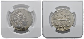 Ionia, Heracleia ad Latmum. Circa 150-140, Tetradrachm (Silver, 30.04 mm, 16.56 g). Head of Athena r., wearing crested Attic helmet, the bowl decorate...
