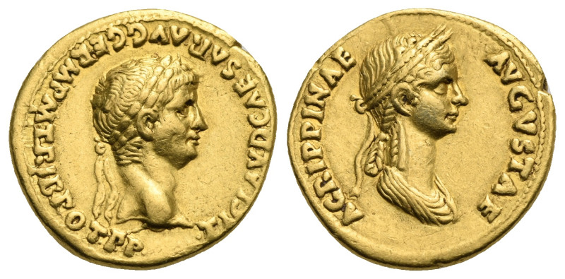 Claudius I, with Agrippina II (niece and wife of Claudius). Aureus (Gold, 19.60 ...