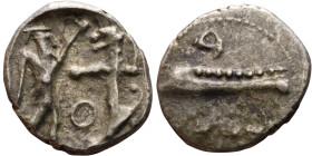 PHOENICIA: Sidon (4th century BC) Ar Obol Obverse: Galley l.; legend in Phoenician, Reverse. Persian king battling lion