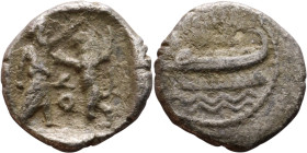 PHOENICIA: Sidon (4th century BC) Ar Obol Obverse: Galley l.; legend in Phoenician, Reverse. Persian king battling lion