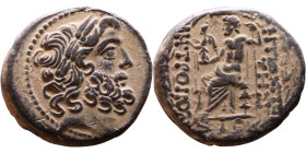 SYRIA. Antioch. Civic issue (100-1 BC). AE bronze. Obv: laureate head of Zeus, r. Rev: ΑΝΤΙΟΧΕΩΝ ΤΗΣ ΜΗΤΡΟΠΟΛΕΩΣ; Zeus seated l., holding Nike and sce...