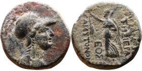 Syria: Apameia ad Orontem Semi-autonomous issue. (I Century BC) Bronze coin. Obv: Head of Athena right, in crested Attic helmet Reverse: Nike standing...