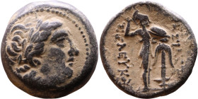 Seleukos I Nikator (Seleukid King: 312-260 BC). AE bronze. Obv.: Laureate head of Apollo right, with wavy locks Rev: Athena Promachos standing right, ...