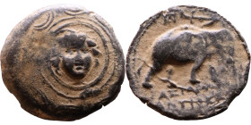 Antiochus I Soter (Seleukid King: 281-261 BC). AE bronze. Obv.: Macedonian shield with anchor in central tondo Rev: Elephant standing right