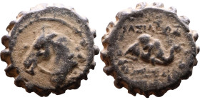 Demetrius I Soter (Seleukid King: 162-150 BC). AE bronze. Obv.: head of horse left. Rev.: head of elephant right.