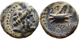 Phoenicia Arados (II Century BC) Bronze coin. Obverse: Diademed head of Poseidon right Reverse: Stern or ram of galley, unclear date below.