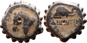 Demetrius I Soter (Seleukid King: 162-150 BC). AE bronze. Obv.: head of horse left. Rev.: head of elephant right.