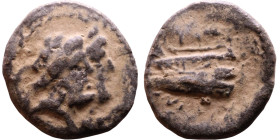 Phoenicia Arados (II - I Century BC) Bronze coin. Obverse: Jugate heads of Zeus and Herra right Reverse: Prow left surmounted by Athena standing left....
