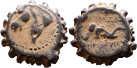 Demetrius I Soter (Seleukid King: 162-150 BC). AE bronze. Obv.: head of horse left. Rev.: head of elephant right.