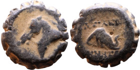 Demetrius I Soter (Seleukid King: 162-150 BC). AE bronze. Obv.: head of horse left. Rev.: head of elephant right.
