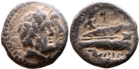Phoenicia Arados (II - I Century BC) Bronze coin. Obverse: Jugate heads of Zeus and Herra right Reverse: Prow left surmounted by Athena standing left....