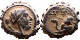 Antiochus IV Epiphanes (Seleukid King: 175-172 BC). AE bronze. Obv.: Veiled, diademed bust of Laodice IV right Rev.: Elephant head left, to r. Tripod