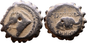 Demetrius I Soter (Seleukid King: 162-150 BC). AE bronze. Obv.: head of horse left. Rev.: head of elephant right.