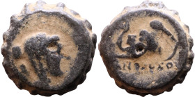 Antiochus IV Epiphanes (Seleukid King: 175-172 BC). AE bronze. Obv.: Veiled, diademed bust of Laodice IV right Rev.: Elephant head left, to r. Tripod