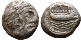 Phoenicia, Arados. Uncertain king. Circa 380-351 Silver coin. Obv: Bust of king. Rev: Galley