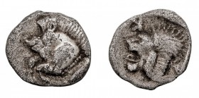 MYSIA. Cizico. Dióbolo. AR. (474-400 a.C.) A/Prótome de jabalí, detrás atún. R/Cabeza de león. 0,83 g. GC.3846. MBC.