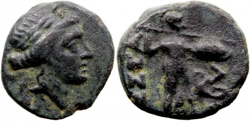 TESALIA. Chalkous. AE. (C. 100-50 a.C.) A/Cabeza laureada de Apolo a der. R/Aten...