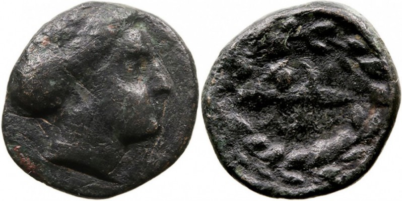TESALIA. Larissa. AE-12. (C. 302-286 a.C.) A/Cabeza de la ninfa a der. R/Corona....