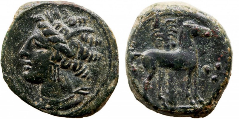 ZEUGITANIA. Cartago. 1/2 Calco. AE. (C. 400-350 a.C.) A/Cabeza de Tanit a izq. R...