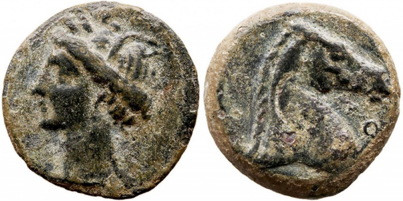 ZEUGITANIA. Cartago. Calco. AE. (C. 200-146 a.C.) A/Cabeza de Tanit a izq. R/Pró...