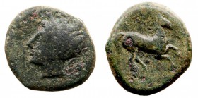 SICILIA. AE-17. (C. 370-340 a.C.) Dominación cartaginesa. A/Cabeza de Tanit a izq. R/Caballo saltando a der. 5,41 g. CNS III, 3. MBC-/MBC.