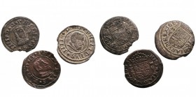 FELIPE IV. 16 Maravedís. AE. Lote de 3 monedas. 1663 Coruña, 1663 Cuenca y 1664 Madrid Y. MBC+ a MBC-.