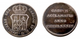 CARLOS IV. AR-27. Medalla Proclamación en Cádiz, 1789. H.18. Bonita pátina oscura. Muy escasa. MBC/MBC+.