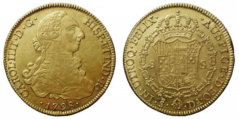 CARLOS IV. 8 Escudos. AV. Santiago DA. 1798. 26,96 g. CAL.157. Hoja en escudo, c...
