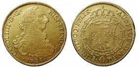 CARLOS IV. 8 Escudos. AV. Santiago DA. 1798. 26,96 g. CAL.157. Hoja en escudo, conservando restos de brillo. Muy bonita pieza. EBC.