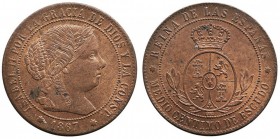 ISABEL II. 1/2 Céntimo de Escudo. AE. Sevilla OM. 1867. CAL.679. Brillo original y manchita en anv. Rara así. SC.