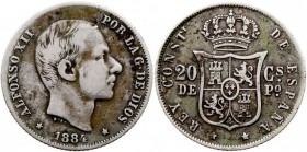 ALFONSO XII. 20 Centavos de Peso. AR. Filipinas (acuñadas en Madrid) 1884. CAL.91. Escasa. BC+/MBC-.