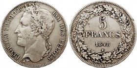 BÉLGICA. LEOPOLDO I. 5 Francos. AR. 1848. 24,81 g. KM.3,2. MBC-.