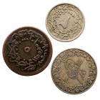 EGIPTO. Lote de 3 monedas. AE. 5 Para 1255 H., 2/10 Qirsh y 5/10 Qirsh 1327 H. MBC.