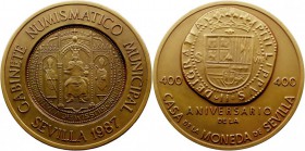 AE-60. 400 Aniversario de la Casa de la Moneda de Sevilla, 1987. Numerada en el canto. Muy bonita pieza. EBC+.