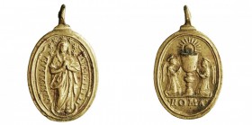 AE-24. Inmaculada y Santísimo. En exergo ROMA. Siglo XVII-XVIII. Oval con anilla. MBC+.