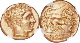 MACEDONIAN KINGDOM. Philip II (359-336 BC). AV stater (19mm, 8.59 gm, 8h). NGC Choice AU S 5/5 - 5/5. Amphipolis, 340-328 BC. Laureate head of Apollo ...