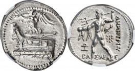 MACEDONIAN KINGDOM. Demetrius I Poliorcetes (306-283 BC). AR tetradrachm (28mm, 16.46 gm, 10h). NGC MS 5/5 - 3/5. Pella, 294-293 BC. Nike standing lef...