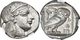 ATTICA. Athens. Ca. 465-455 BC. AR tetradrachm (24mm, 17.13 gm, 10h). NGC AU 5/5 - 5/5. Head of Athena right, wearing crested Attic helmet ornamented ...