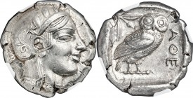 ATTICA. Athens. Ca. 455-440 BC. AR tetradrachm (24mm, 17.19 gm, 5h). NGC Choice AU S 5/5 - 5/5. Early transitional issue. Head of Athena right, wearin...