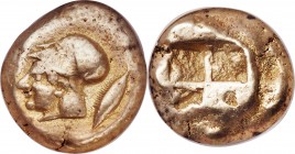 MYSIA. Cyzicus. Ca. 550-500 BC. EL stater (19mm, 16.06 gm). NGC VF 5/5 - 4/5. Head of Athena left, wearing Corinthian helmet pushed back on head; tunn...